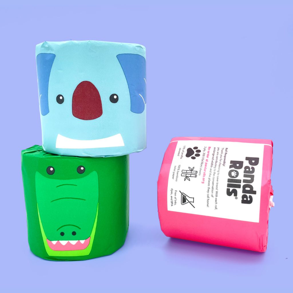 100% Bamboo toilet paper with cute and colorful wrappers with animal faces