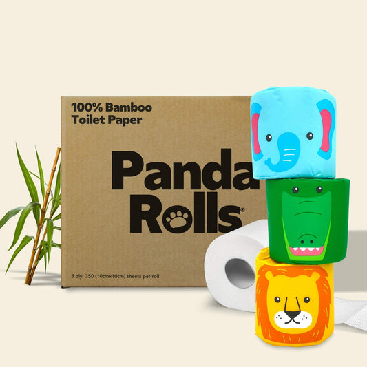A large box of Panda Rolls 100% Bamboo Toilet Paper with colorful animal face wrappers - eco-friendly, biodegradable and sustainable toilet paper 